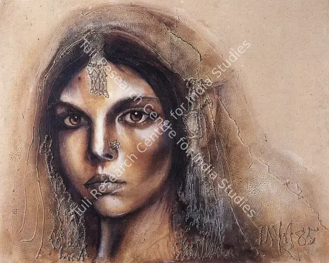 Wheaton, Jaya (Artist). Rajasthani Lady. Pencil, coloured chalk and watercolour on paper laid down on board, 1985 | Painting  | 00876641