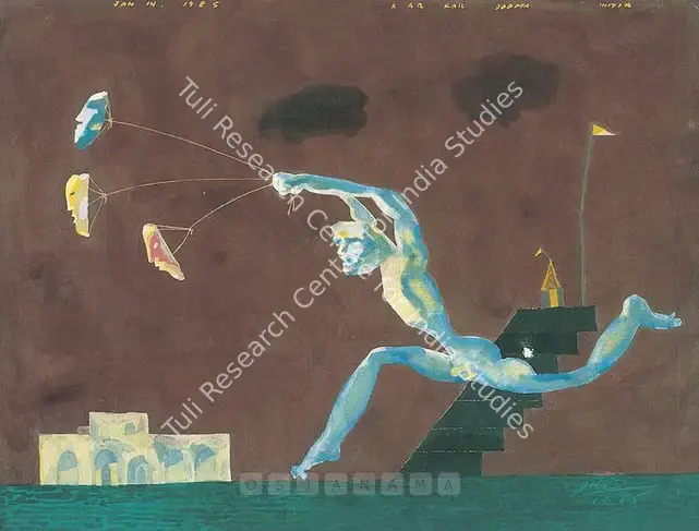 Zharotia, Jai (Artist). Running Man With Masks. Watercolour on paper, 1985 | Painting | FineArts | 00374133