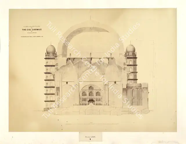 Unknown (Photographer). Plans and Sections of the Gol Goomuz at Beejapoor. Transverse section from south to north on A.B., Bijapur - From the album "Architecture at Beejapoore. An Ancient Mohammedan Capital in the Bombay Presidency Published by John Murray. London 1866. Photographs by Dr. William Henry Pigou, Dr. Andrew c.Neill and Col. Thomas Biggs with an historical and descriptive memoir by Colonel Meadows Taylor and  architectural notes by James Fergusson". Albumen print pasted on mount, c.1850 | Antiquarian Photograph | Photography | 00115033