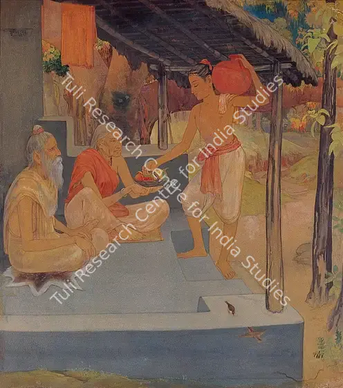 Sen, Sushil (Artist). Shravan and Blind Parents at Ashram. Watercolour and wash on paper, 1945 | Painting | FineArts | 00371552