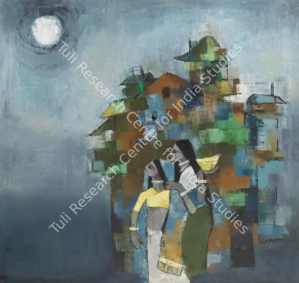 Lahoti, Murli (Artist). Untitled (Riverside village with two women). Oil on canvas laid on board, n.d. | Painting | FineArts | 00355081