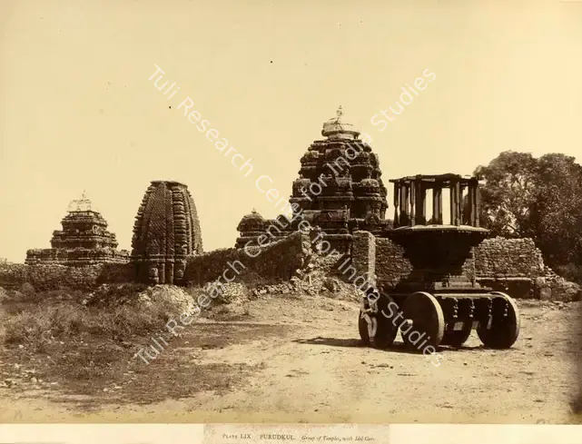 Biggs, Colonel Thomas (Photographer). Purudkul. Group of Temples, with Idol Car - From the album "Architecture in Dharwar and Mysore Published by John Murray. London 1866. Photographs by Dr. William Henry Pigou, Dr. Andrew C. Neill and Col. Thomas Biggs with an historical and descriptive memoir by Colonel Meadows Taylor and architectural notes by James Fergusson". Albumen print pasted on mount, n.d. | Antiquarian Photograph | Photography | 00115580