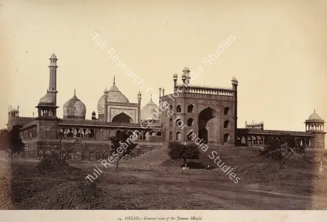 Impey, Eugene Clutterbuck (Photographer). Delhi. General view of Jumma Musjid - From the album "Captain E.c.Impey, 'Delhi, Agra, and Rajpootana, illustrated by eighty photographs' (Cundall, Downes, & Co., London, 1865)". Albumen print pasted on mount, 1860 | Antiquarian Photograph | Photography | 00115122