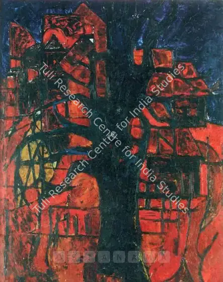 Chandra, Avinash (Artist). Trees And Houses, Horseshoe Road, Belfast. Oil on board, 1958 | Painting  | 00877923