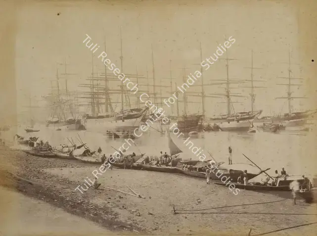 Narayan, Shew Shankar (Photographer). The Shipping in the River Hoogly - From the album 'Calcutta International 1883-84 Exhibition Views'. Albumen print pasted on mount, 1883-1884 | Antiquarian Photograph | Photography | 00115254