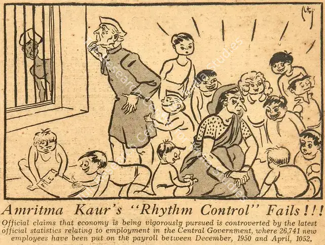 Chatterjee, Basu (Cartoonist). Amrita Kaur's Rhythm Control Fails !!. 1952 | Cartoons, Blitz, 30 August 1952 | PopCulture | 00904441