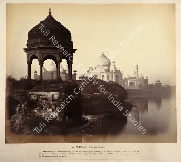 Impey, Eugene Clutterbuck (Photographer). Agra. - The Taj, from the river - From the album "Captain E.c.Impey, 'Delhi, Agra, and Rajpootana, illustrated by eighty photographs' (Cundall, Downes, & Co., London, 1865)". Albumen print pasted on mount, Early 1860s | Antiquarian Photograph | Photography | 00115000