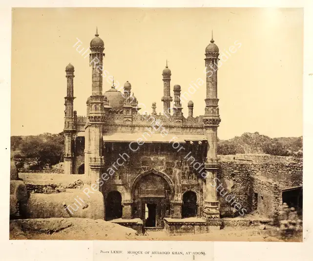 Biggs, Colonel Thomas (Photographer). Mosque of Musaood Khan, at Adoni - From the album "Architecture at Beejapoore. An Ancient Mohammedan Capital in the Bombay Presidency Published by John Murray. London 1866. Photographs by Dr. William Henry Pigou, Dr. Andrew c.Neill and Col. Thomas Biggs with an historical and descriptive memoir by Colonel Meadows Taylor and  architectural notes by James Fergusson". Albumen print pasted on mount, c.1855 | Antiquarian Photograph | Photography | 00115027