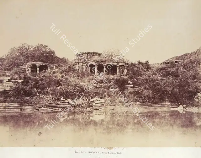Pigou, William Henry (Photographer). Hooblee. Ruined Temple and Tank - From the album "Architecture in Dharwar and Mysore Published by John Murray. London 1866. Photographs by Dr. William Henry Pigou, Dr. Andrew c.Neill and Col. Thomas Biggs with an historical and descriptive memoir by Colonel Meadows Taylor and  architectural notes by James Fergusson". Albumen print pasted on mount, c.1856 | Antiquarian Photograph | Photography | 00115046