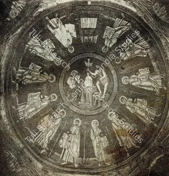 Unknown (Artist). Baptism with Saints. Mosaic on Wall, 6th Century A.D. | Journal of Arts & Ideas, October-December 1983 | Mosaic | Scholarship | 00676924