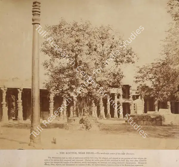 Impey, Eugene Clutterbuck (Photographer). The Kootub, Near delhi- The north-east corner of the inner enclosure - From the album "Captain E.c.Impey, 'Delhi, Agra, and Rajpootana, illustrated by eighty photographs' (Cundall, Downes, & Co., London, 1865)". Albumen print pasted on mount, Early 1860s | Antiquarian Photograph | Photography | 00115006