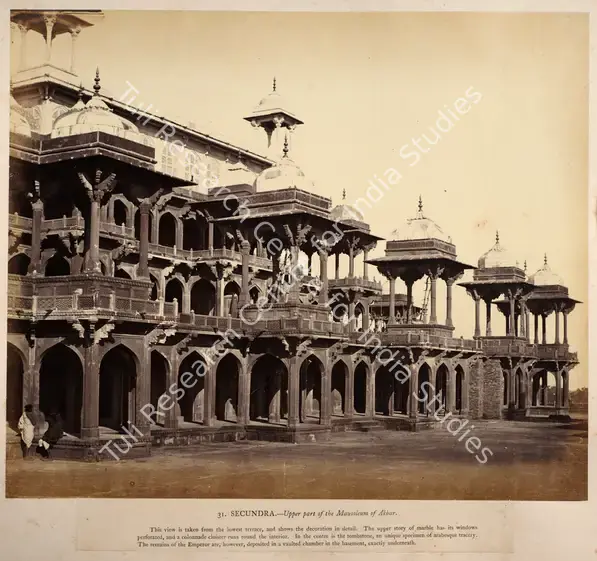 Impey, Eugene Clutterbuck (Photographer). Secundra-Upper Part of the Mausoleum - From the album "Captain E.c.Impey, 'Delhi, Agra, and Rajpootana, illustrated by eighty photographs' (Cundall, Downes, & Co., London, 1865)". Albumen print pasted on mount, Early 1860s | Antiquarian Photograph | Photography | 00115007