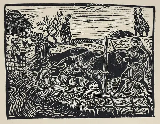 Chittaprosad (Artist). Untitled (Threshing). Linocut, circa 1950 | Graphic Art | EconomicsArt | 00872311