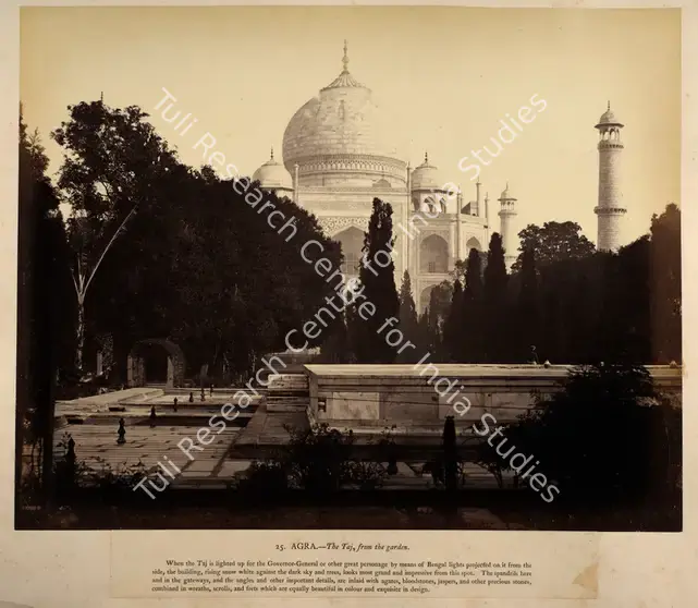 Impey, Eugene Clutterbuck (Photographer). Agra. - The Taj, from the garden - From the album "Captain E.c.Impey, 'Delhi, Agra, and Rajpootana, illustrated by eighty photographs' (Cundall, Downes, & Co., London, 1865)". Albumen print pasted on mount, Early 1860s | Antiquarian Photograph | Photography | 00114999