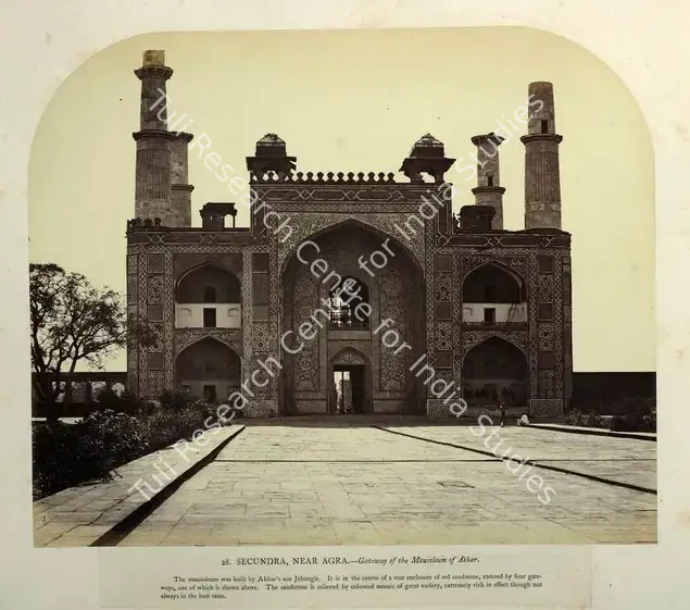 Impey, Eugene Clutterbuck (Photographer). Secundra, Near Agra - Gateway of the Mausoleum of Akbar - From the album "Captain E.C. Impey, 'Delhi, Agra, and Rajpootana, illustrated by eighty photographs' (Cundall, Downes, & Co., London, 1865)". Albumen print pasted on mount, n.d. | Antiquarian Photograph | Photography | 00115681