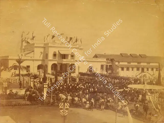 Dayal, Lala Deen (Photographer). Arrival at Bashir-Bagh - From the album 'H.R.H. Prince Albert Victor's Visit Hyderabad (Deccan) November 1889. Lala Deen Dayal State Photographer, Secunderabad and Indore O.I.'. Albumen print pasted on mount, November 1889 | Antiquarian Photograph | Photography | 00115318