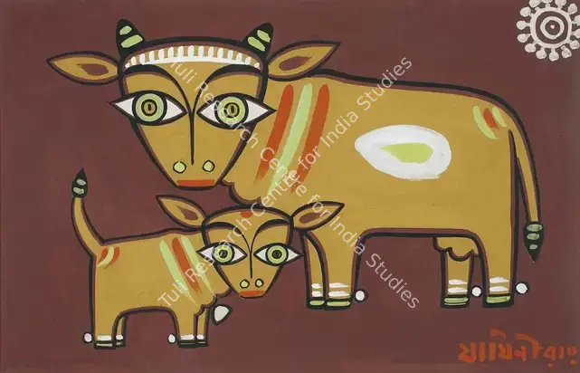Roy, Jamini (Artist). Untitled (Cow and Calf) . Gouache on card, 1915 | Painting | FineArts | 00647094