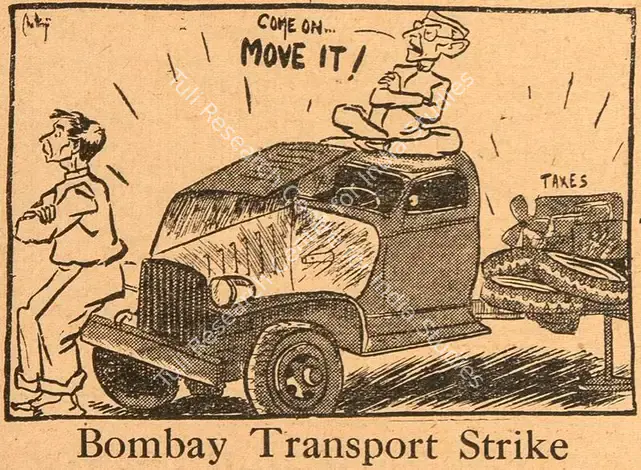 Chatterjee, Basu (Cartoonist). Bombay Transport Strike. 1952 | Cartoons, Blitz, 11 October 1952 | PopCulture | 00904448