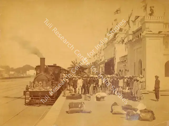 Dayal, Lala Deen (Photographer). Royal Train "Arrival" - From the album 'H.R.H. Prince Albert Victor's Visit Hyderabad (Deccan) November 1889. Lala Deen Dayal State Photographer, Secunderabad and Indore O.I.'. Albumen print pasted on mount, November 1889 | Antiquarian Photograph | Photography | 00115320
