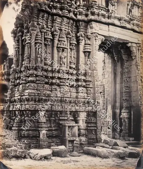 Lyon, Edmund David (Photographer). Tarputtri Temple. North Fa ade of ruined Gopuram at South Entrance of Temple (near the river). Albumen print pasted on mount, 1868 | Antiquarian Photograph | Photography | 00116186