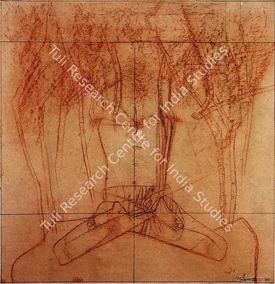 Pyne, Ganesh (Artist). Under the Tree. Crayon and graphite on paper, 1960 | Drawing | FineArts | 00372273