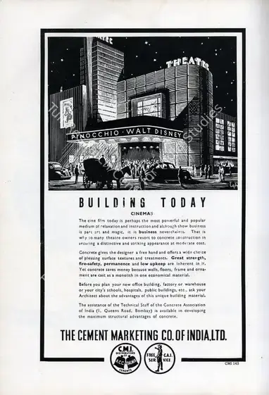 The Cement Marketing Company of India (Advertiser), Pinocchio, 1940. Building Today - Cinemas | Advertisement, 1947, Marg, April 1947 | CinemaEducation | 00512652