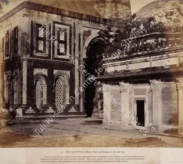 Impey, Eugene Clutterbuck (Photographer). The Kootub- Marble tomb and Gateway on the south side, Delhi - From the album "Captain E.c.Impey, 'Delhi, Agra, and Rajpootana, illustrated by eighty photographs' (Cundall, Downes, & Co., London, 1865)". Albumen print pasted on mount, c.1860 | Antiquarian Photograph | Photography | 00115041