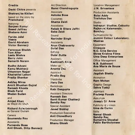 Jindal, Suresh (Producer), Shatranj Ke Khilari, 1977 | Song Synopsis Booklet | CinemaEducation | 00134408