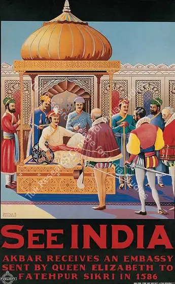 Cameron, After Donald B. (Artist). See India - Akbar Receives an Embassy sent by Queen Elizabeth to Fatehpur Sikri (in 1586). Lithographic print on paper, 1935 | Travel Publicity Related Art & Poster | PopCulture | 00092917
