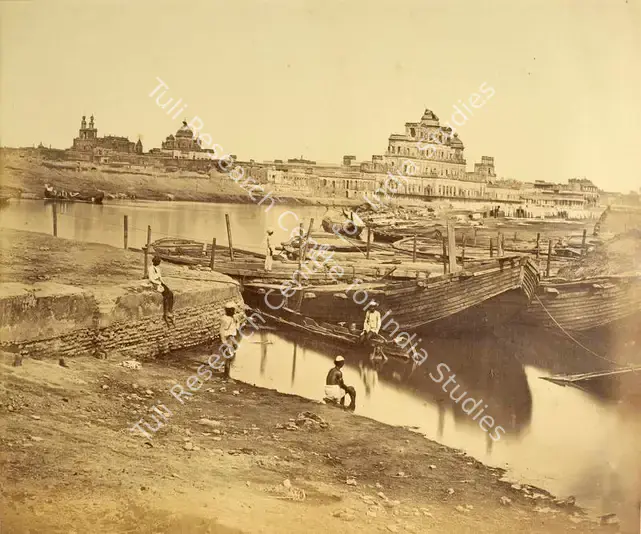 Beato, Felice (Photographer). Bridge of boats over the Goomtee -the palaces, Chutur Mungil & Furhut Buksh, Lucknow - India after Mutiny. Albumen print hinged on thin paper, March-April 1858 | Antiquarian Photograph | Photography | 00116265