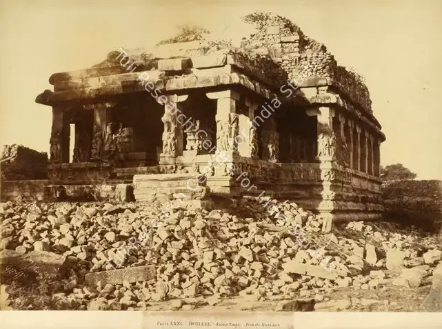 Biggs, Colonel Thomas (Photographer). Iwullee. Ruined Temple. From the North-east - From the album "Architecture in Dharwar and Mysore Published by John Murray. London 1866. Photographs by Dr. William Henry Pigou, Dr. Andrew C. Neill and Col. Thomas Biggs with an historical and descriptive memoir by Colonel Meadows Taylor and architectural notes by James Fergusson". Albumen print pasted on mount, n.d. | Antiquarian Photograph | Photography | 00115588