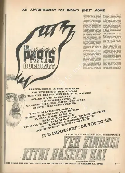 Nayyar, R.K. (Producer), Yeh Zindagi Kitni Haseen Hai, 1966. Is Paris Burning? | Advertisement, Star & Style, 1 October 1966 | CinemaEducation | 00791682