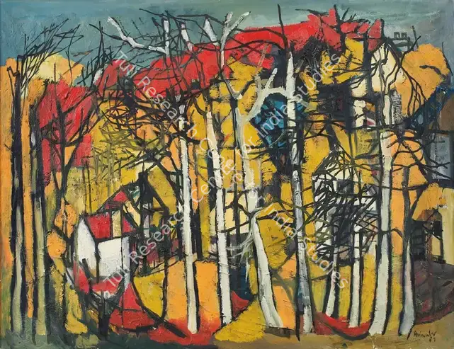 Chandra, Avinash (Artist). Untitled (Landscape with Houses and Trees). Oil on canvas, 1957 | Painting | FineArts | 00641833