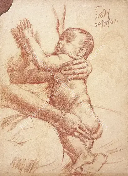 Sinha, Satish (Artist). Mother and Child. Conte on paper, 1940 | Drawing | FineArts | 00371591