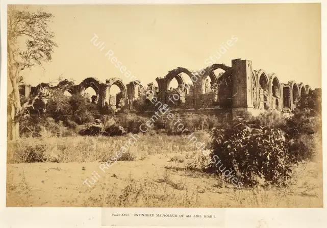 Biggs, Colonel Thomas (Photographer). Unfinished Mausoleum of Ali Adil Shah I, Bijapur - From the album "Architecture at Beejapoore. An Ancient Mohammedan Capital in the Bombay Presidency Published by John Murray. London 1866. Photographs by Dr. William Henry Pigou, Dr. Andrew c.Neill and Col. Thomas Biggs with an historical and descriptive memoir by Colonel Meadows Taylor and  architectural notes by James Fergusson". Albumen print pasted on mount, c.1855 | Antiquarian Photograph | Photography | 00115023