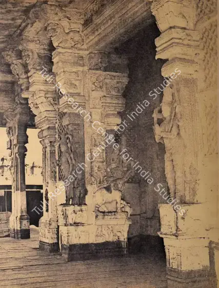 Tripe, Capt. Linnaeus (Photographer). Tirumal Naik's choultry, Entrance to the Central Nave from the Western Portico, Madura - From the album "Photographic views in Madura Part II (1860)" By Captain L.. Tripe, Government Photographer With Descriptive Notes, By M. Norman, ESQ., M.C.S. 1858". Plate IV. Albumen print from waxed paper negative, 1858 | Antiquarian Photograph | Photography | 00116022