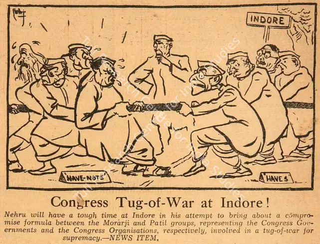 Chatterjee, Basu (Cartoonist). Congress Tug-of-War at Indore !. 1952 | Cartoons, Blitz, 13 September 1952 | PopCulture | 00904444