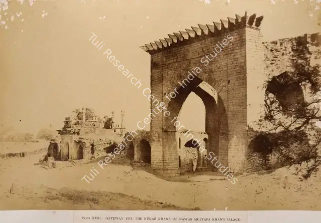 Biggs, Colonel Thomas (Photographer). Gateway for the Nukar Khana of Nawab Mustafa Khan's palace - From the album "Architecture at Beejapoore. An Ancient Mohammedan Capital in the Bombay Presidency Published by John Murray. London 1866. Photographs by Dr. William Henry Pigou, Dr. Andrew c.Neill and Col. Thomas Biggs with an historical and descriptive memoir by Colonel Meadows Taylor and  architectural notes by James Fergusson". Albumen print pasted on mount, c.1855 | Antiquarian Photograph | Photography | 00115072