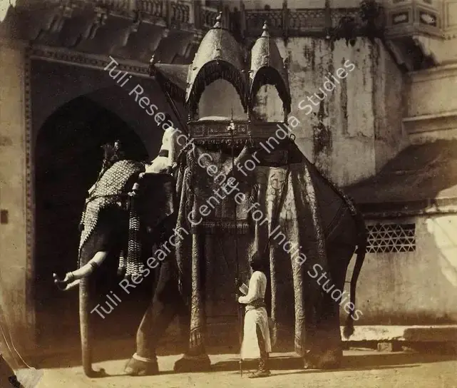 Impey, Eugene Clutterbuck (Photographer). The State Elephant of a Native Court, with a howdah, and the trappings usually worn on state occasions - From the album "Captain E.C. Impey, 'Delhi, Agra, and Rajpootana, illustrated by eighty photographs' (Cundall, Downes, & Co., London, 1865)". Albumen print pasted on mount, early 1860s | Antiquarian Photograph | Photography | 00115962