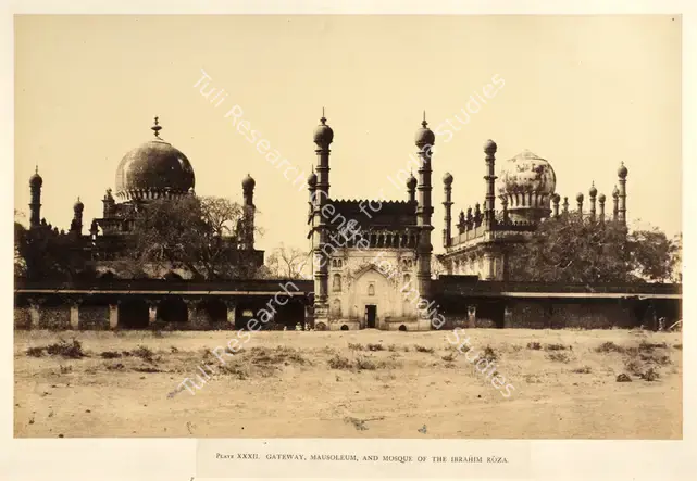 Biggs, Colonel Thomas (Photographer). Gateway, Mausoleum, and Mosque of the Ibrahim Roza. Bijapur - From the album "Architecture at Beejapoore. An Ancient Mohammedan Capital in the Bombay Presidency Published by John Murray. London 1866. Photographs by Dr. William Henry Pigou, Dr. Andrew c.Neill and Col. Thomas Biggs with an historical and descriptive memoir by Colonel Meadows Taylor and  architectural notes by James Fergusson". Albumen print pasted on mount, c.1855 | Antiquarian Photograph | Photography | 00115021