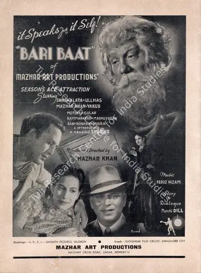 Khan, Mazhar (Producer), Bari Baat, 1944 | Advertisement, Filmindia, March 1944 | CinemaEducation | 00858646