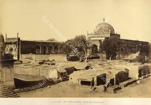 Biggs, Colonel Thomas (Photographer). The Jumma Mosque. From the North East, Bijapur - From the album "Architecture at Beejapoore. An Ancient Mohammedan Capital in the Bombay Presidency Published by John Murray. London 1866. Photographs by Dr. William Henry Pigou, Dr. Andrew c.Neill and Col. Thomas Biggs with an historical and descriptive memoir by Colonel Meadows Taylor and  architectural notes by James Fergusson". Albumen print pasted on mount, c.1855 | Antiquarian Photograph | Photography | 00115113
