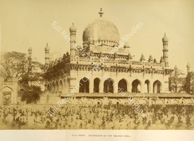 Biggs, Colonel Thomas (Photographer). Mausoleum of the Ibrahim Roza, Bijapur - From the album "Architecture at Beejapoore. An Ancient Mohammedan Capital in the Bombay Presidency Published by John Murray. London 1866. Photographs by Dr. William Henry Pigou, Dr. Andrew C. Neill and Col. Thomas Biggs with an historical and descriptive memoir by Colonel Meadows Taylor and architectural notes by James Fergusson". Albumen print pasted on mount, n.d. | Antiquarian Photograph | Photography | 00115587