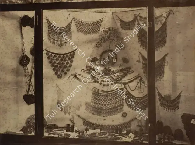 Narayan, Shew Shankar (Photographer). Jewellery - Burmese Court - From the album 'Calcutta International 1883-84 Exhibition Views'. Albumen print pasted on mount, 1883-1884 | Antiquarian Photograph | Photography | 00115302