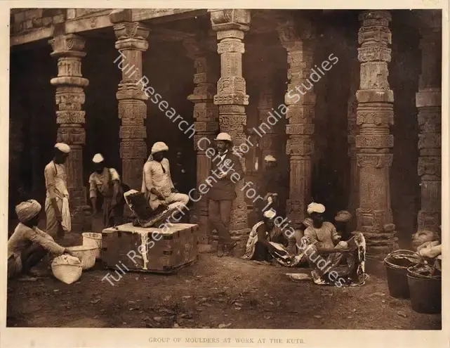 Shepherd, Charles (Photographer). Group of moulders at work at the Kutb. Albumen print pasted on mount, c.1870 | Antiquarian Photograph | Photography | 00114988