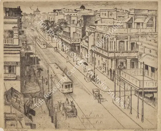Chakravorty, Ramendranath (Artist). A Calcutta Street. Etching on paper pasted on mount board; Limited Edition, 1943 | Print | EconomicsArt | 00872981