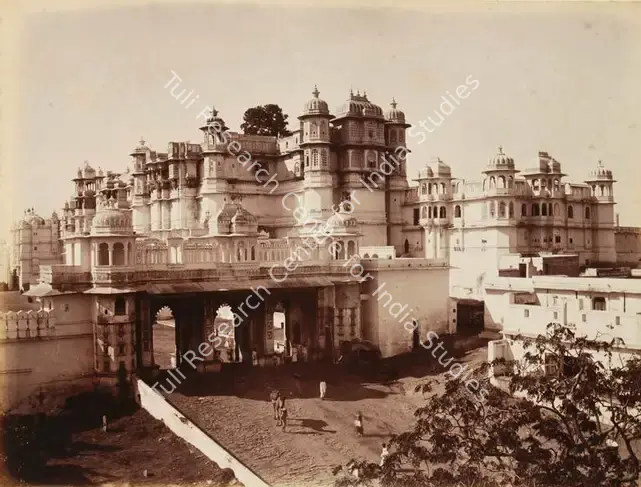 Dayal, Lala Deen (Photographer). Palace and triple gate Odeypur - From the album 'Views in Meywar' By Lala Deen Dayal Indore. Albumen print pasted on mount, c.1890 | Antiquarian Photograph | Photography | 00115145