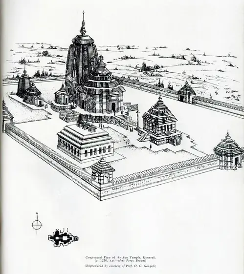 Unknown (Artist). Conjectural View of the Sun Temple, Konarak. c. 1250 A.D. | Marg, December 1958 | Drawing | ArcHeritage | 00674144
