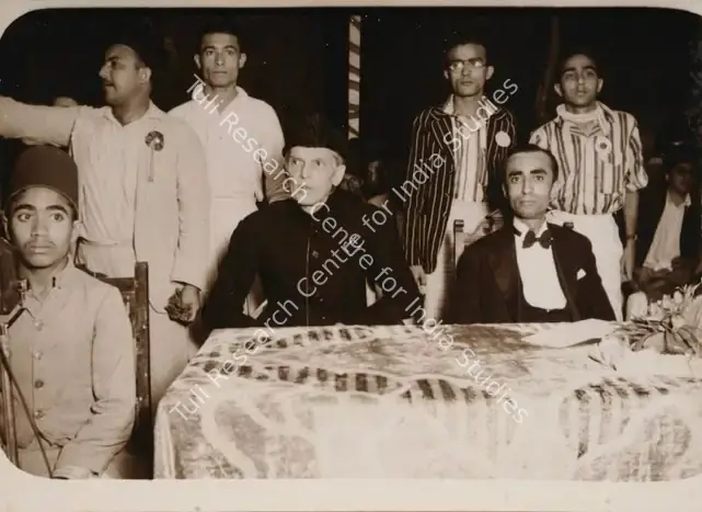 Studio, Aroon (Photographic Studio). Mr. Mohd. Ali Jinnah at a mass meeting held at Porbandar 25 Jan 1940 for collecting funds for the Muslim League Press Fund. Albumen print pasted on mount, 25 January 1940 | Antiquarian Photograph | Photography | 00115009