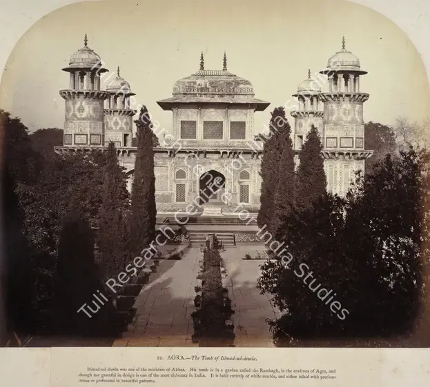 Impey, Eugene Clutterbuck (Photographer). Agra - The Tomb of Itimad-ud-dowla - From the album "Captain E.C. Impey, 'Delhi, Agra, and Rajpootana, illustrated by eighty photographs' (Cundall, Downes, & Co., London, 1865)". Albumen print pasted on mount, n.d. | Antiquarian Photograph | Photography | 00115685